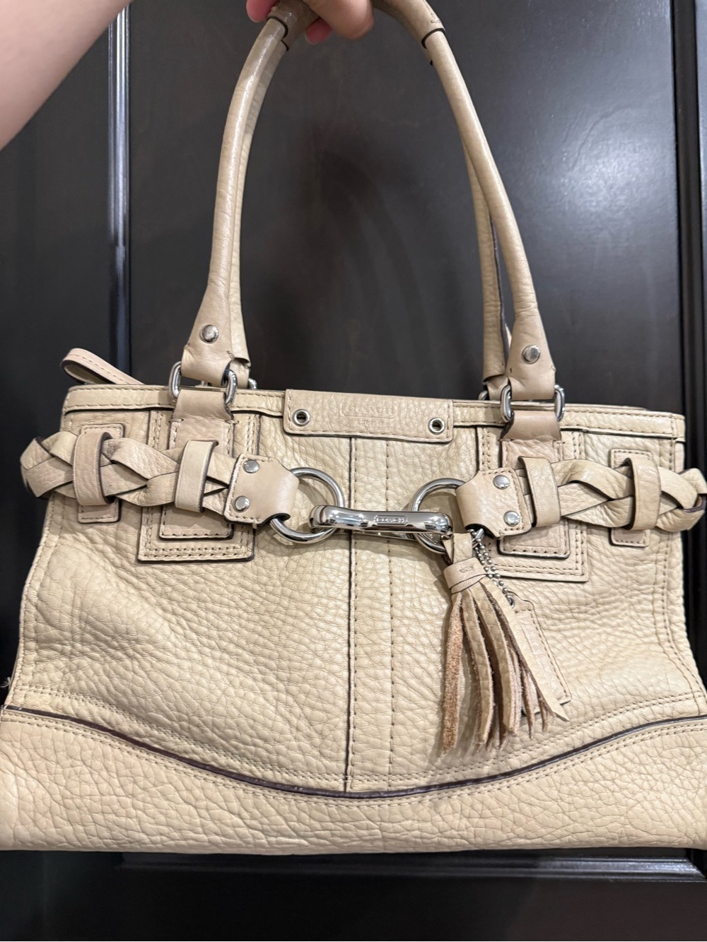 Coach Hampton Beige Pebbled Leather Shoulder Bag with Tassel